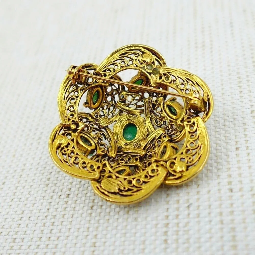 Vintage Gold Tone Dome Brooch Filigree Tiered Green Faux Pearl Victorian Revival